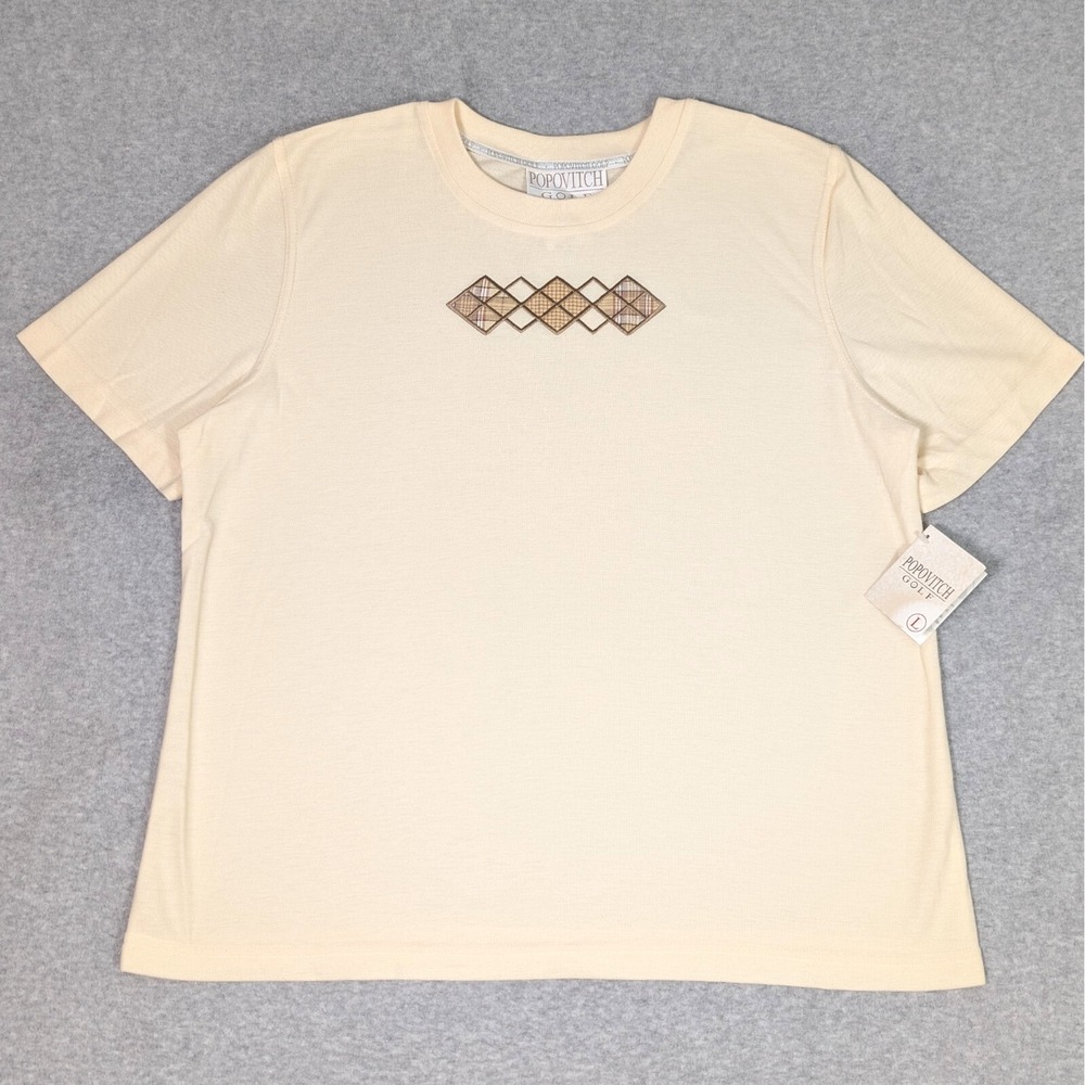 Vintage Peter Popovitch Golf T-Shirt Womens Large Embroidered Argyle Diamond New